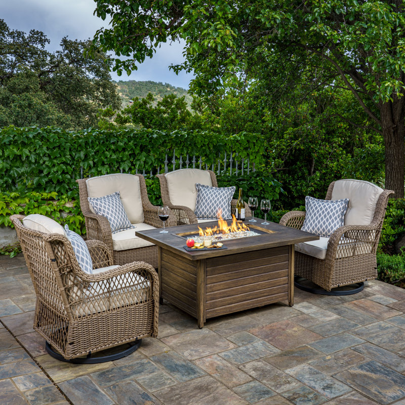 Bayou Breeze Rio Vista 5 Pc Fire Set 4 Swivel Chairs 1 Fire Table Sandstone Wayfair